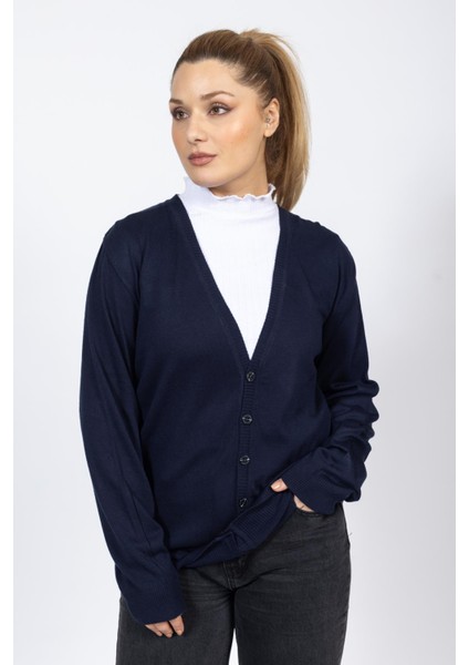 Vs Bayan V Yaka Dügmeli Düz U.kol Hırka Trk Lacivert