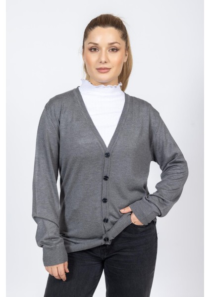 Vs Bayan V Yaka Dügmeli Düz U.kol Hırka Trk Antrasit