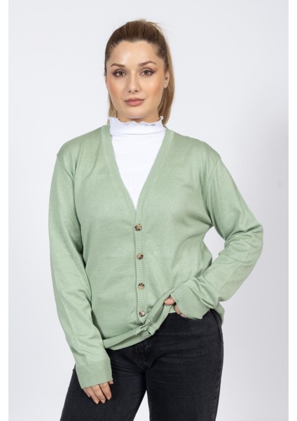 Vs Bayan V Yaka Dügmeli Düz U.kol Hırka Trk Su Yeşili