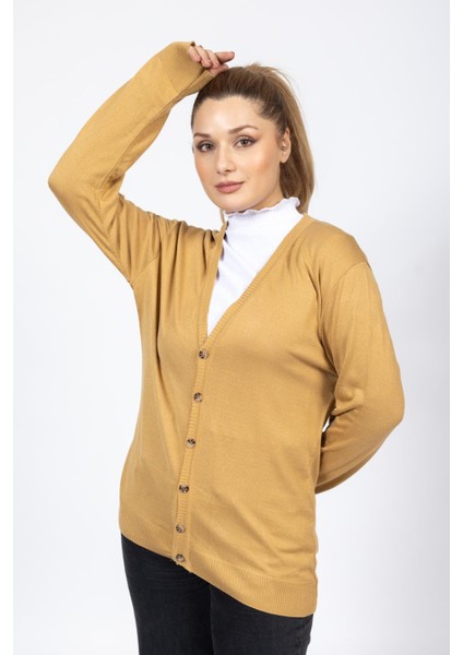 Vs Bayan V Yaka Dügmeli Düz U.kol Hırka Trk Hardal