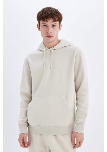 Regular Fit Kapüşonlu Kanguru Cepli İçi Yumuşak Tüylü Basic Düz Sweatshirt X8283AZ24AU