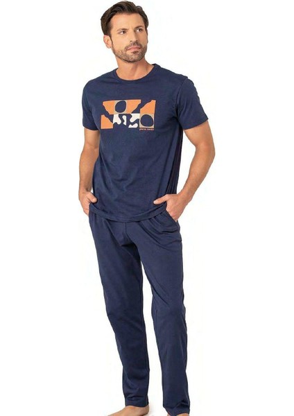 6076 Erkek Kısa Kollu Bisiklet Yaka Pijama Takım-Indigo