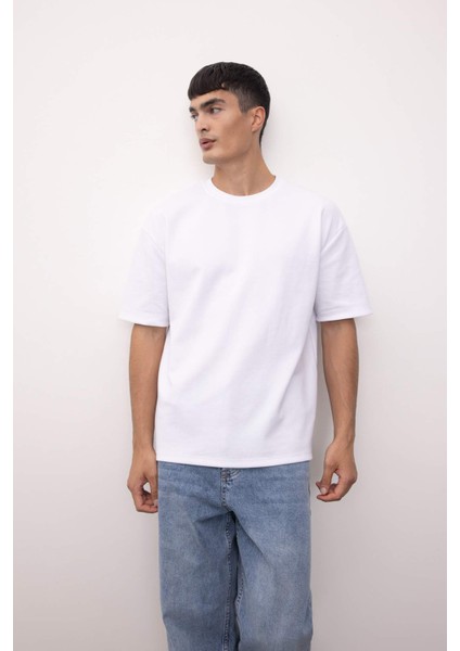 Oversize Geniş Kalıp Bisiklet Yaka Kısa Kollu Basic Düz Ağır Kumaş Tişört X3926AZ24AU