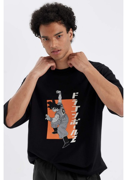 %100 Pamuk Dragon Ball Loose Fit Bisiklet Yaka Sırt Baskılı Kısa Kollu Tişört C6526AX24AU