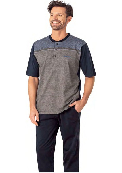 6090 Erkek Kısa Kollu 3'lü Jakarlı Pijama Takımı-Lacivert