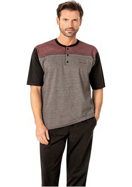 6090 Erkek Kısa Kollu 3'lü Jakarlı Pijama Takımı-Bordo