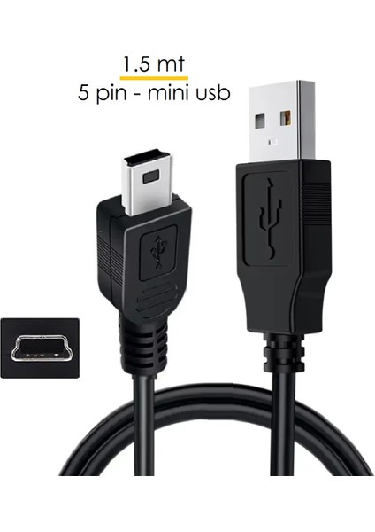 5 Pin Mini USB To USB 2.0 V3 Şarj ve Veri Aktarım Kablosu (1.5 Mt)