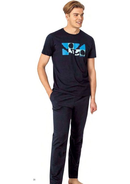 6076 Erkek Kısa Kollu Bisiklet Yaka Pijama Takım-Lacivert