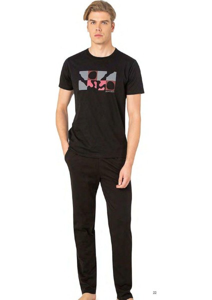 6076 Erkek Kısa Kollu Bisiklet Yaka Pijama Takım-Siyah