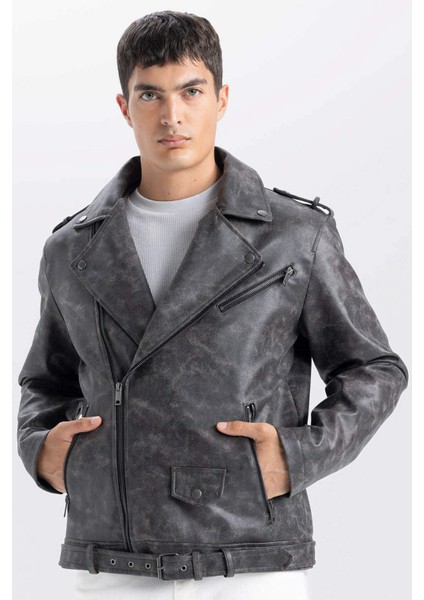 Su İtici Regular Fit Fermuarlı Cepli Suni Deri Ceket Mont C4862AX24WN