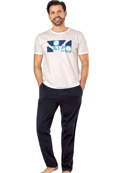 6076 Erkek Kısa Kollu Bisiklet Yaka Pijama Takım-Beyaz