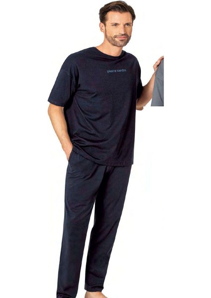 6086 Erkek Kısa Kollu Bisiklet Yaka Oversize Pijama Takım-Lacivert