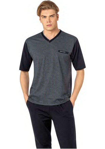 6089 Erkek Kısa Kollu 3'lü Jakarlı Pijama Takımı-Mavi