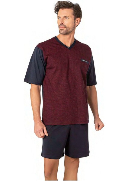 6089 Erkek Kısa Kollu 3'lü Jakarlı Pijama Takımı-Bordo
