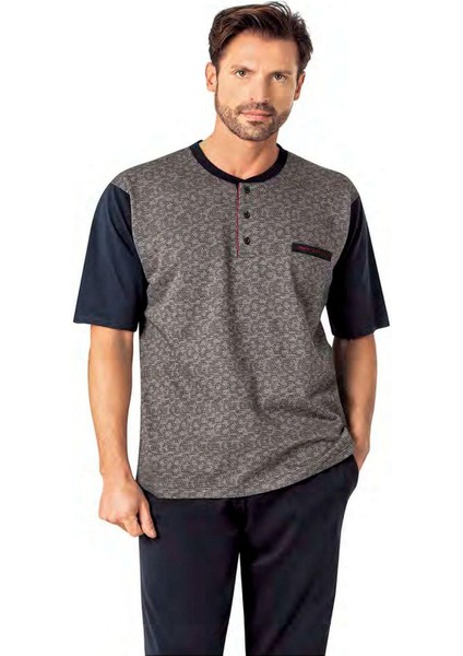 6088 Erkek Kısa Kollu 3'lü Jakarlı Pijama Takımı-Lacivert