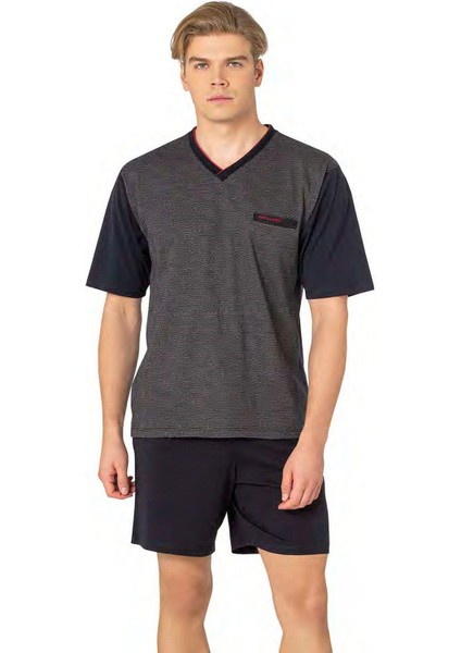 6089 Erkek Kısa Kollu 3'lü Jakarlı Pijama Takımı-Lacivert