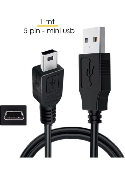 5 Pin Mini USB To USB 2.0 V3 Şarj ve Veri Aktarım Kablosu - 1 mt