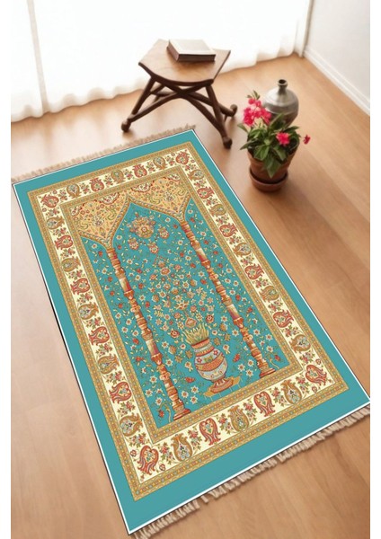 Dekoratif Dijital Baskılı Siyah Kaymaz Taban Seccade Namazlık 70 x 112