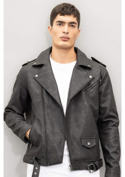 Su İtici Regular Fit Fermuarlı Cepli Suni Deri Ceket Mont C4862AX24WN
