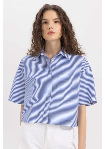 Crop Çizgili Poplin Kısa Kollu Gömlek C8747AX24SM