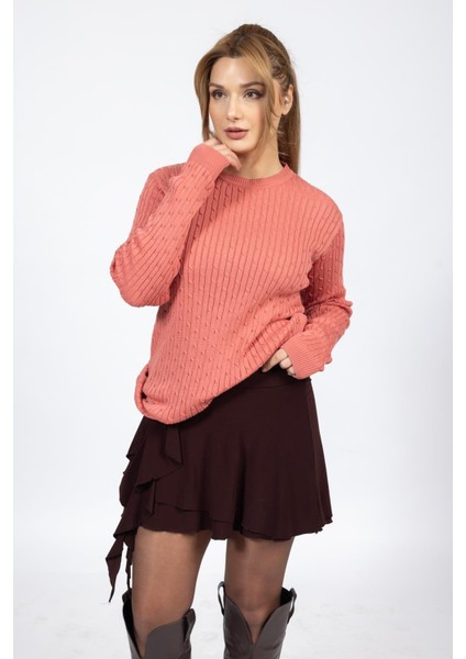 Vs Bayan 0 Yaka Saç Örgü U.kol Kazak Trk Somon