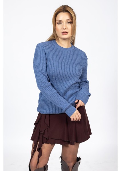 Vs Bayan 0 Yaka Saç Örgü U.kol Kazak Trk Indigo