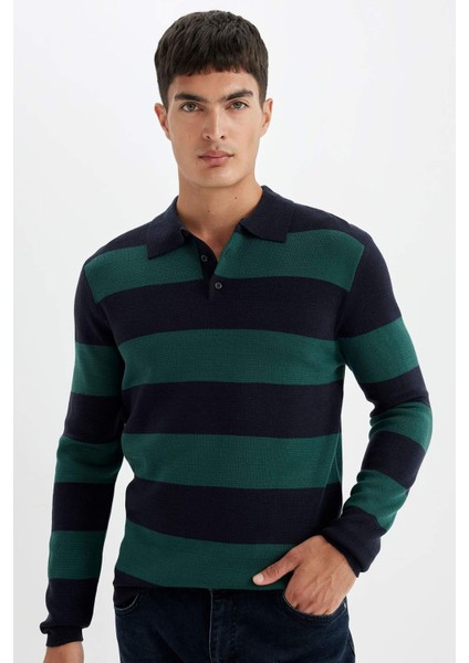 Standart Fit Normal Kesim Çizgili Polo Yaka Triko Kazak Y4194AZ24WN