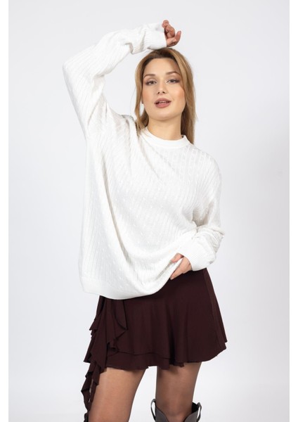 Vs Bayan 0 Yaka Saç Örgü U.kol Kazak Trk Beyaz