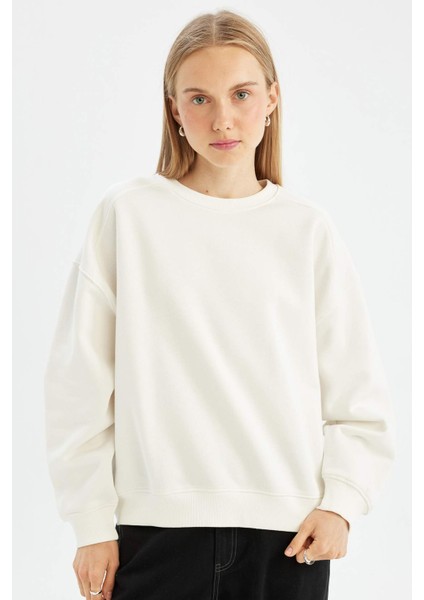 Coool Oversize Geniş Kalıp Bisiklet Yaka Kalın Basic Düz Sweatshirt A4177AX24WN