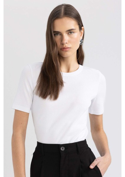 Slim Fit Dar Kesim Bisiklet Yaka Fitilli Kaşkorse Basic Düz Kısa Kollu Tişört C0097AX24SM