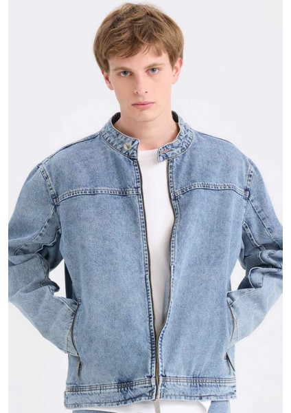 %100 Pamuk Kolej Yaka Fermuarlı Cepli Denim Ceket D0420AX24AU