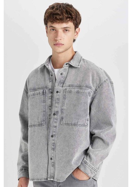 %100 Pamuk Oversize Geniş Kalıp Jean Uzun Kollu Basic Düz Gömlek D0449AX24AU