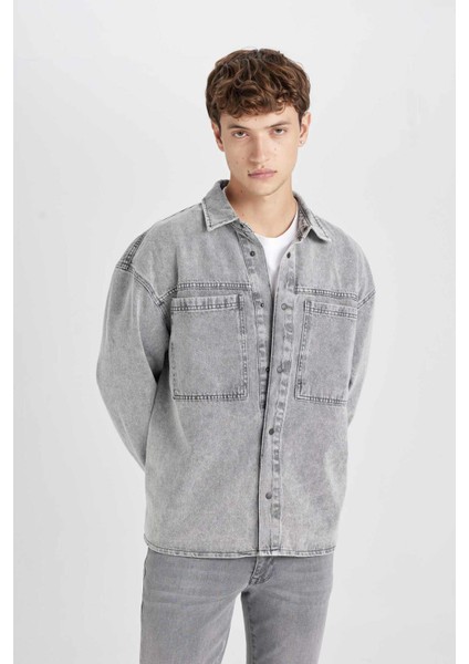 %100 Pamuk Oversize Geniş Kalıp Jean Uzun Kollu Basic Düz Gömlek D0449AX24AU