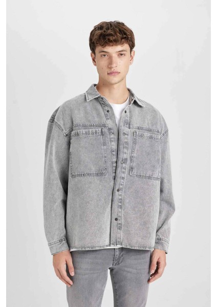 %100 Pamuk Oversize Geniş Kalıp Jean Uzun Kollu Basic Düz Gömlek D0449AX24AU