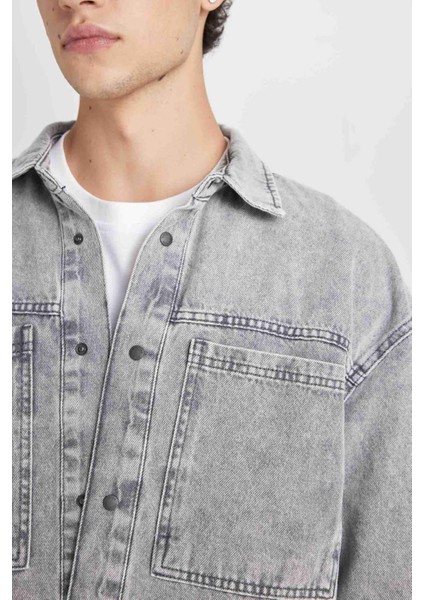 %100 Pamuk Oversize Geniş Kalıp Jean Uzun Kollu Basic Düz Gömlek D0449AX24AU