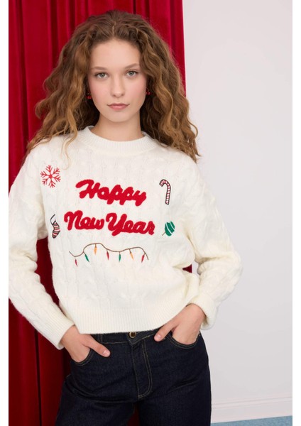 Yılbaşı Temalı Bisiklet Yaka Saç Örgü Desenli Triko Kazak D1091AX24CW