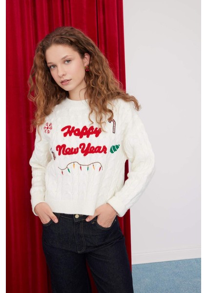 Yılbaşı Temalı Bisiklet Yaka Saç Örgü Desenli Triko Kazak D1091AX24CW modelleri