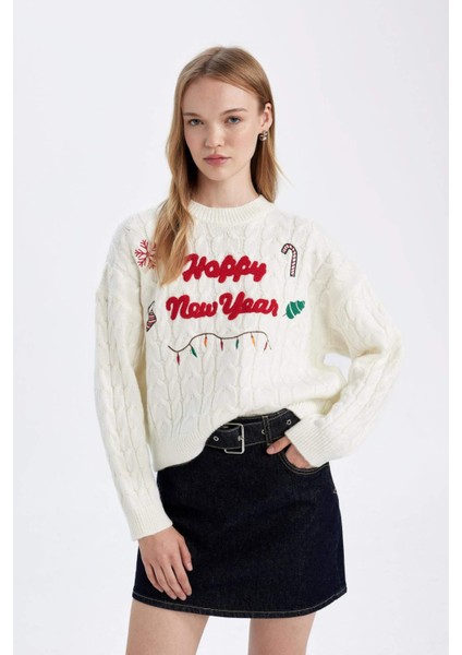 Yılbaşı Temalı Bisiklet Yaka Saç Örgü Desenli Triko Kazak D1091AX24CW fırsatları