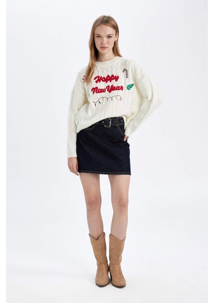 Yılbaşı Temalı Bisiklet Yaka Saç Örgü Desenli Triko Kazak D1091AX24CW indirimleri