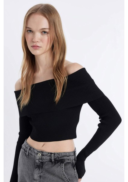 Coool Slim Fit Dar Kesim Açık Omuz Basic Düz Triko Kazak B6537AX24WN