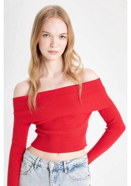 Coool Slim Fit Dar Kesim Açık Omuz Basic Düz Triko Kazak B6537AX24WN