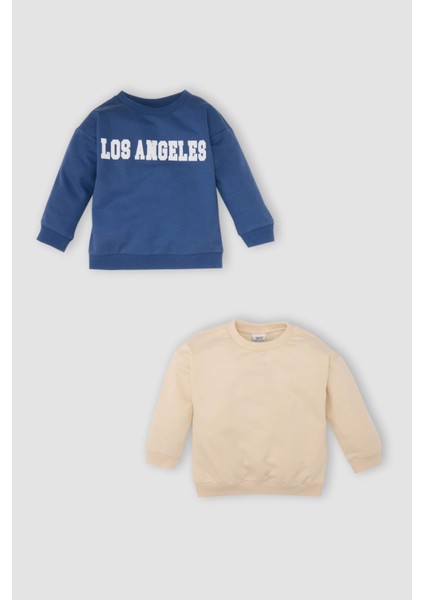 Erkek Bebek Bisiklet Yaka Baskılı İçi Yumuşak Tüylü İnce 2'li Sweatshirt D0706A524AU