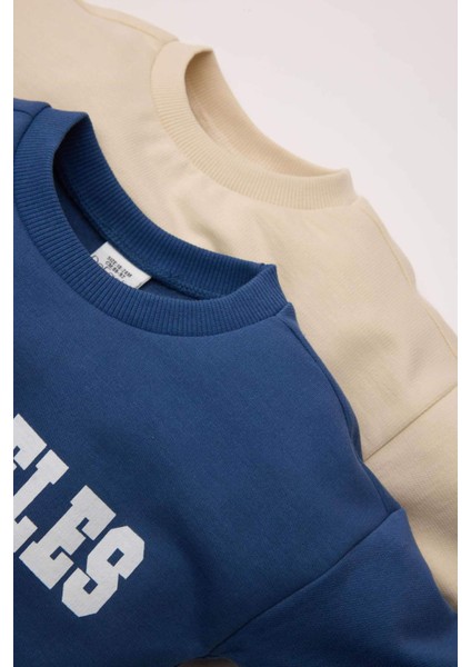 Erkek Bebek Bisiklet Yaka Baskılı İçi Yumuşak Tüylü İnce 2'li Sweatshirt D0706A524AU