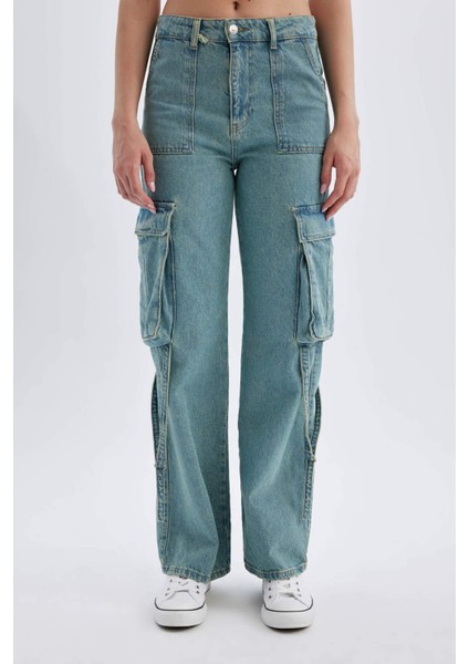 Wide Leg Kargo Yüksek Bel Uzun Jean Yıkamalı Pantolon D1228AX24HS