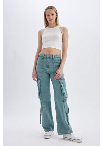 Wide Leg Kargo Yüksek Bel Uzun Jean Yıkamalı Pantolon D1228AX24HS fiyatları