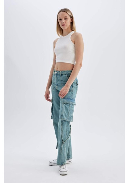 Wide Leg Kargo Yüksek Bel Uzun Jean Yıkamalı Pantolon D1228AX24HS modelleri