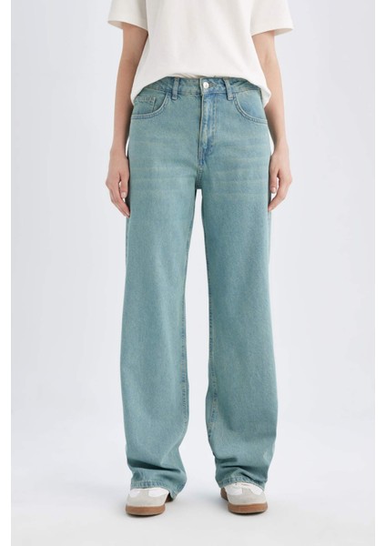 Straight Wide Yüksek Bel Uzun Jean Yıkamalı Pantolon D0848AX24SM