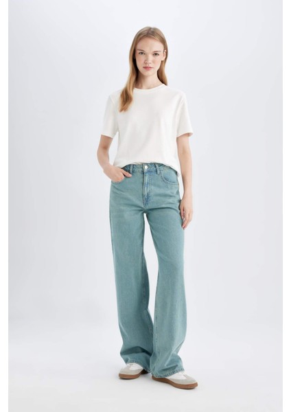 Straight Wide Yüksek Bel Uzun Jean Yıkamalı Pantolon D0848AX24SM