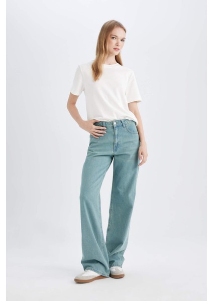 Straight Wide Yüksek Bel Uzun Jean Yıkamalı Pantolon D0848AX24SM