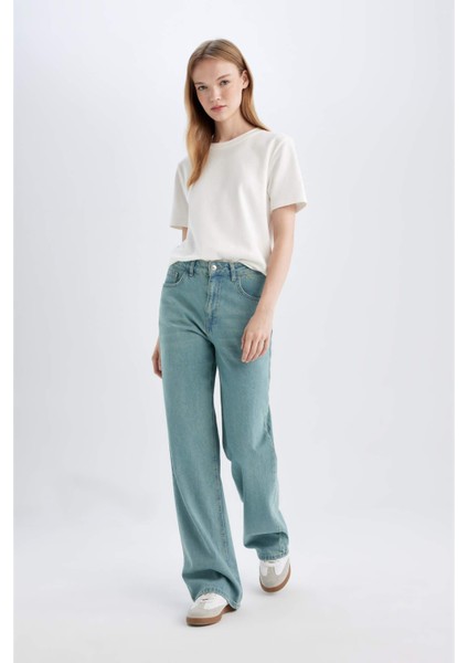 Straight Wide Yüksek Bel Uzun Jean Yıkamalı Pantolon D0848AX24SM